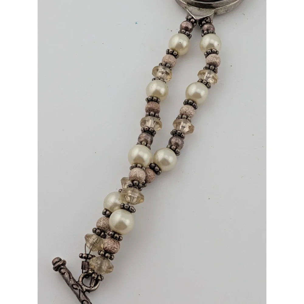Geneva Silvertone Heart Bracelet Watch with Pearl Beads